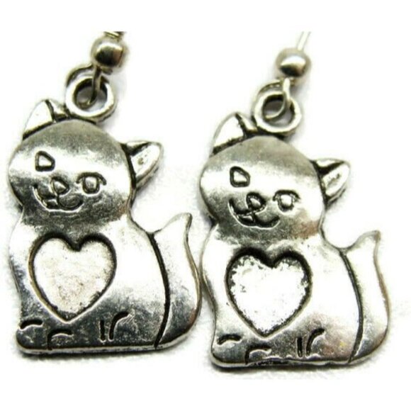 Cat Kitten Heart Love Silver Tone Vertical Drop Dangle Hook Earrings Womans - Picture 1 of 6